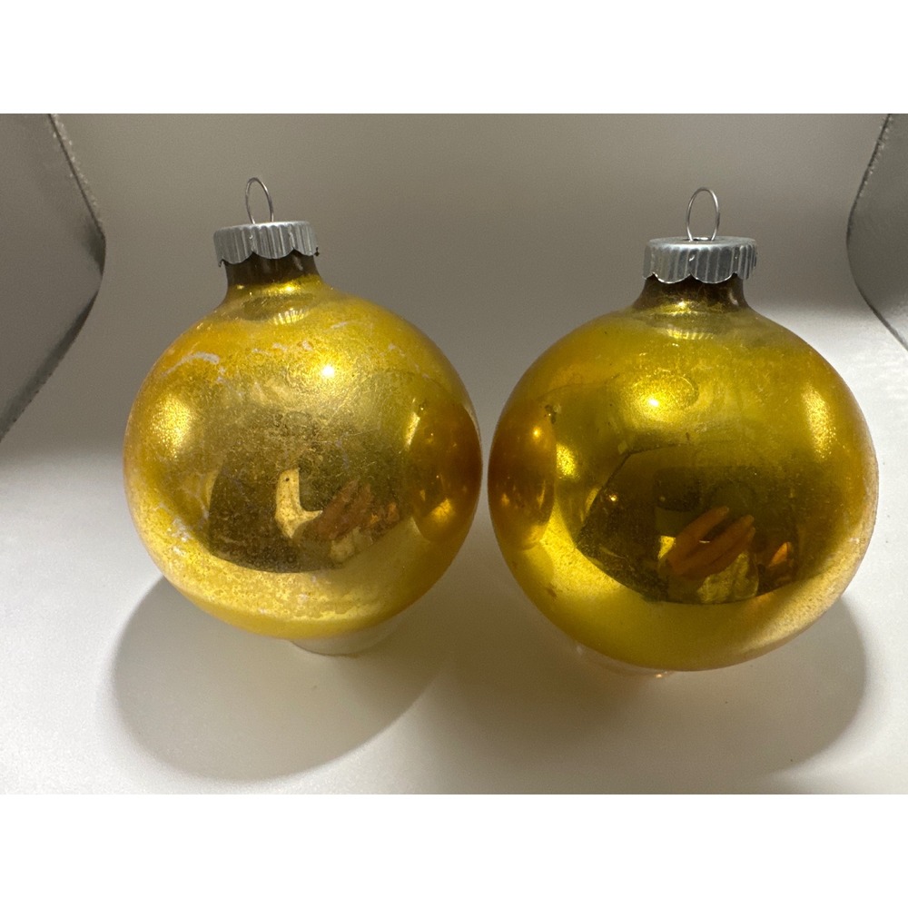 Vintage Shiny Brite Gold Glass Christmas Ornaments Set of 2 Made in USA MCM